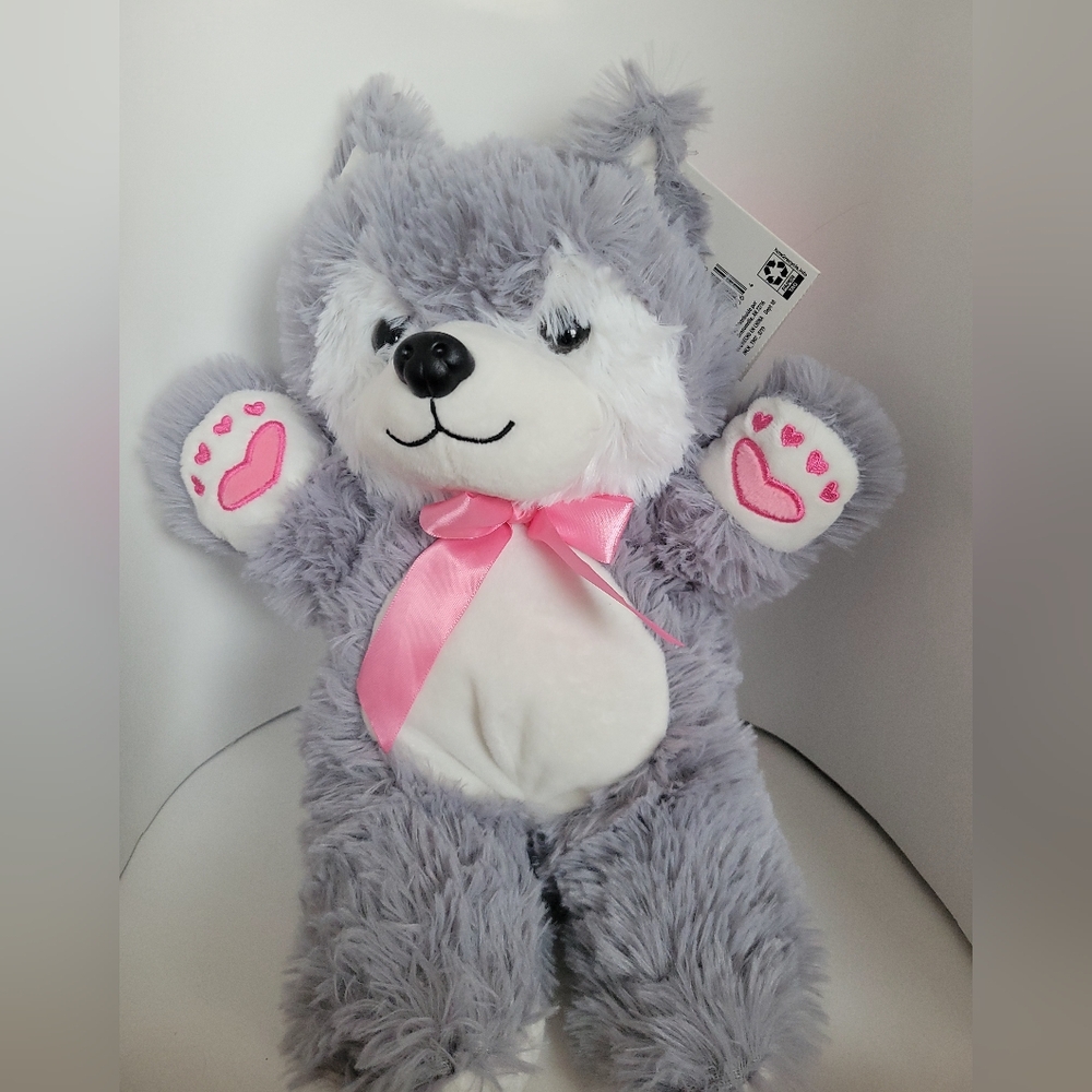 Siberian Husky Wolf Plush 14" Gray Puppy Dog-Pink Bow Lots of Hearts On Paws New